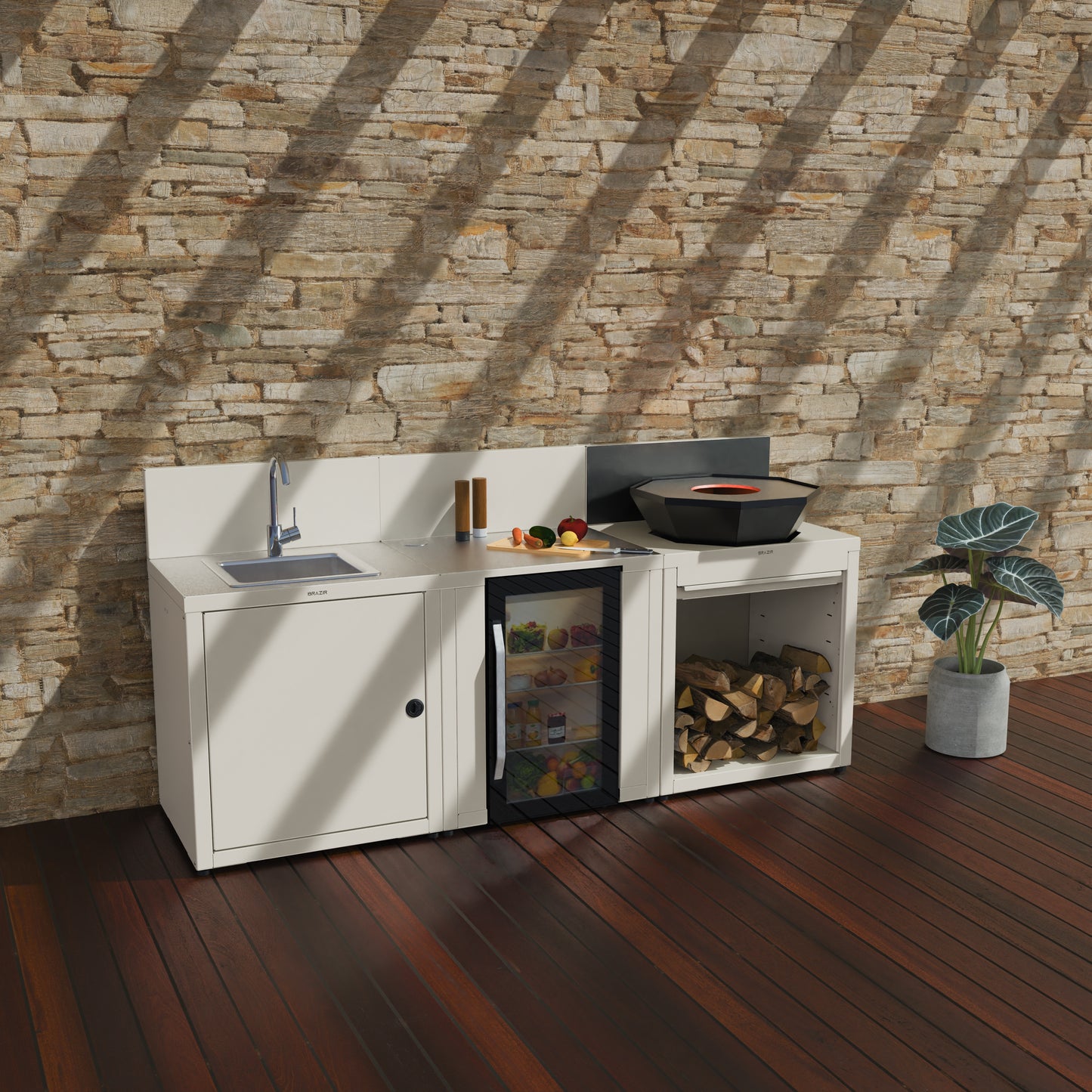 Cuisine 3 modules : évier + réfrigérateur + brasero
