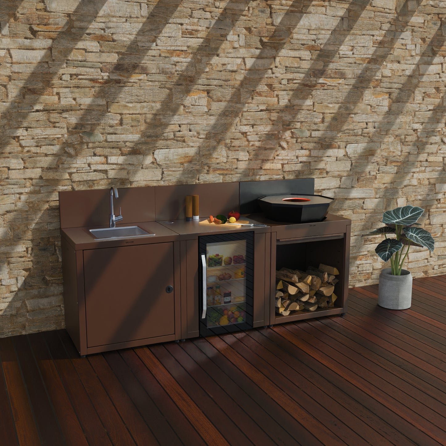 Cuisine 3 modules : évier + réfrigérateur + brasero