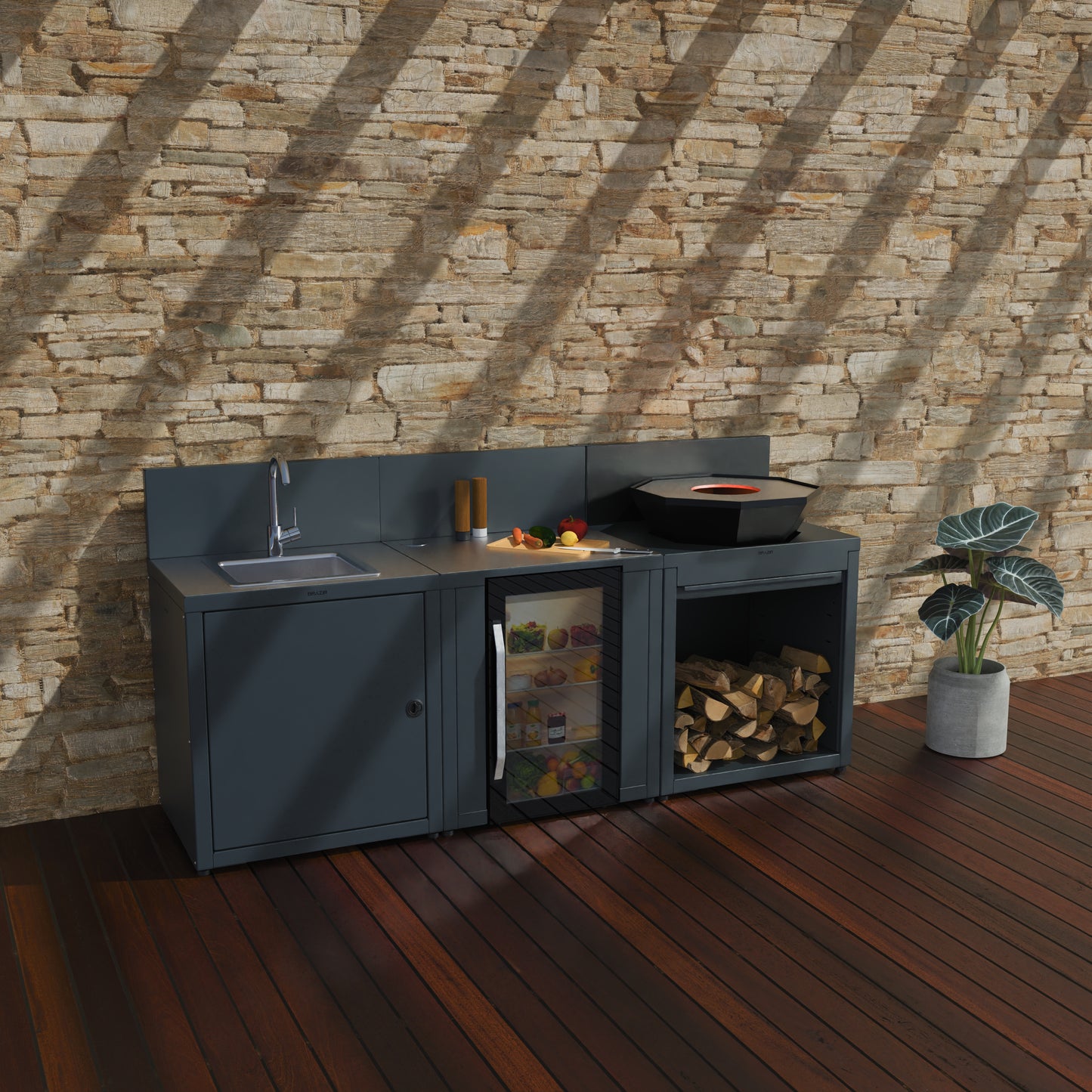 Cuisine 3 modules : évier + réfrigérateur + brasero