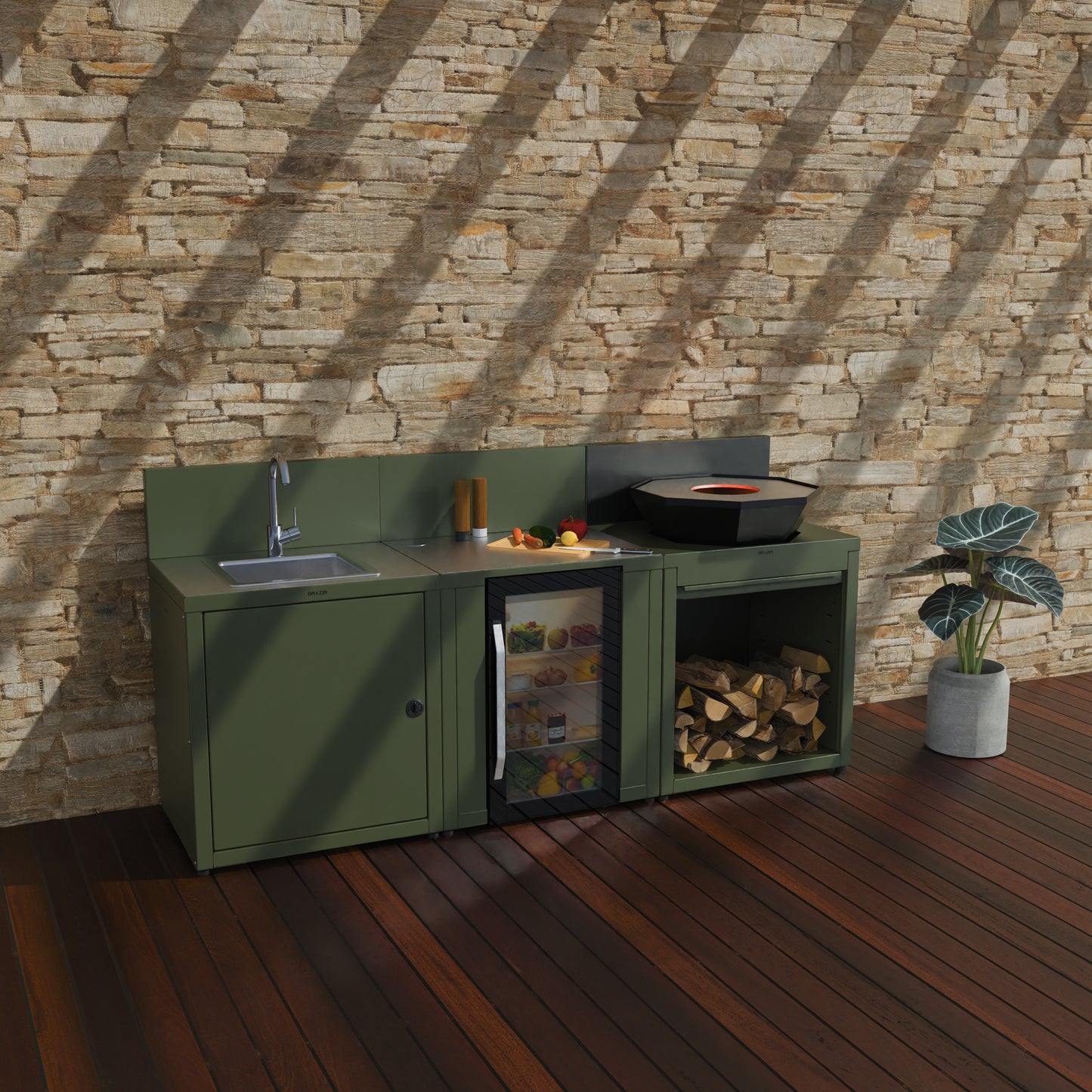 Cuisine 3 modules : évier + réfrigérateur + brasero
