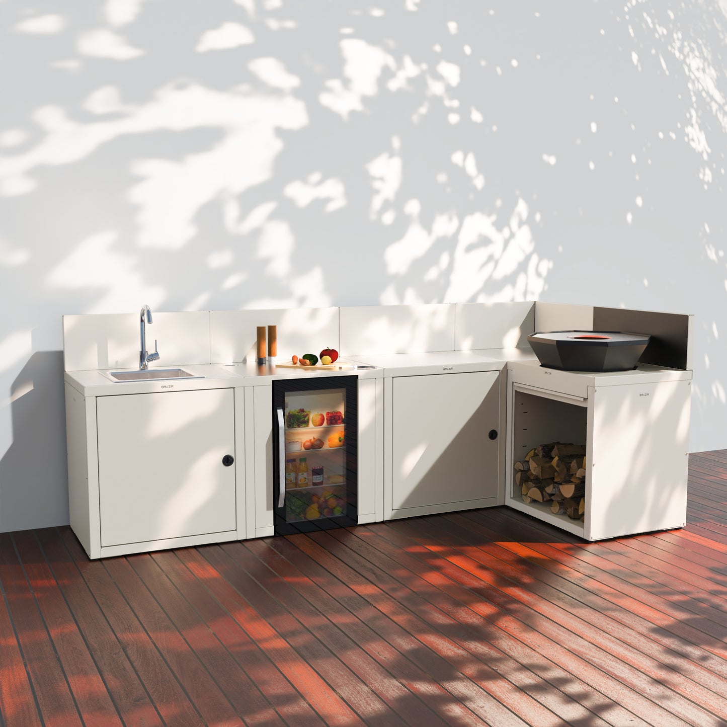 Cuisine 5 modules : évier + réfrigérateur + préparation + angle + brasero