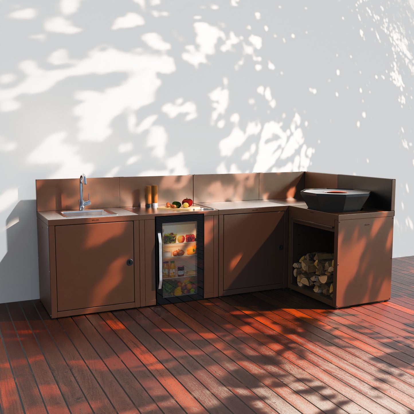 Cuisine 5 modules : évier + réfrigérateur + préparation + angle + brasero