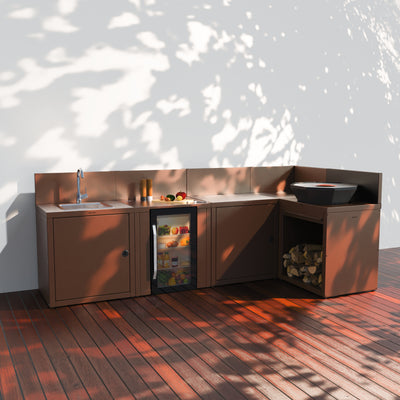 Cuisine 5 modules : évier + réfrigérateur + préparation + angle + brasero