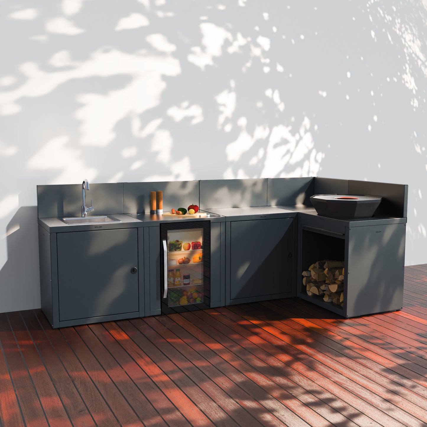 Cuisine 5 modules : évier + réfrigérateur + préparation + angle + brasero