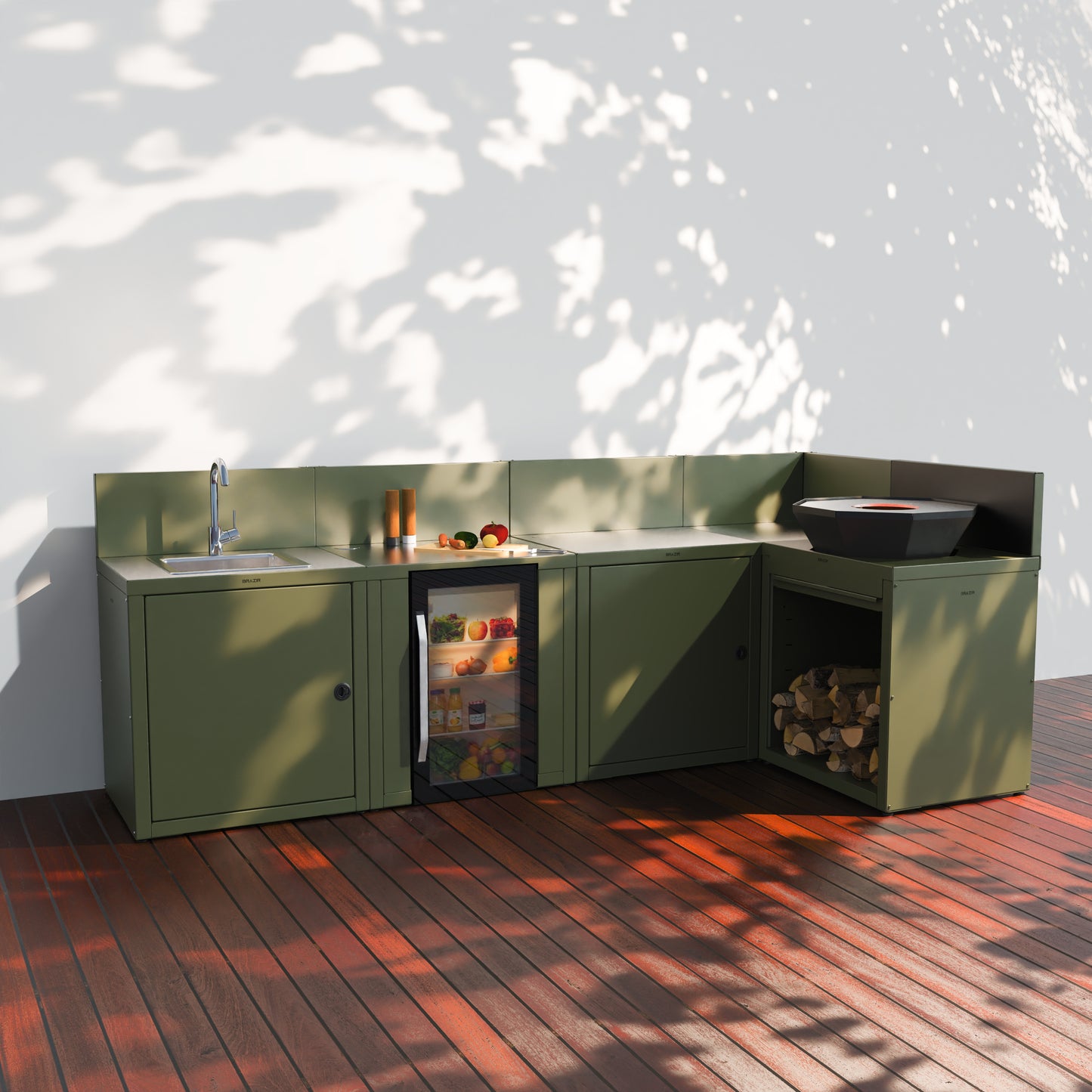 Cuisine 5 modules : évier + réfrigérateur + préparation + angle + brasero