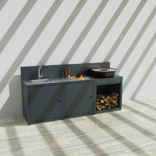 Cuisine 3 modules : évier + préparation + brasero